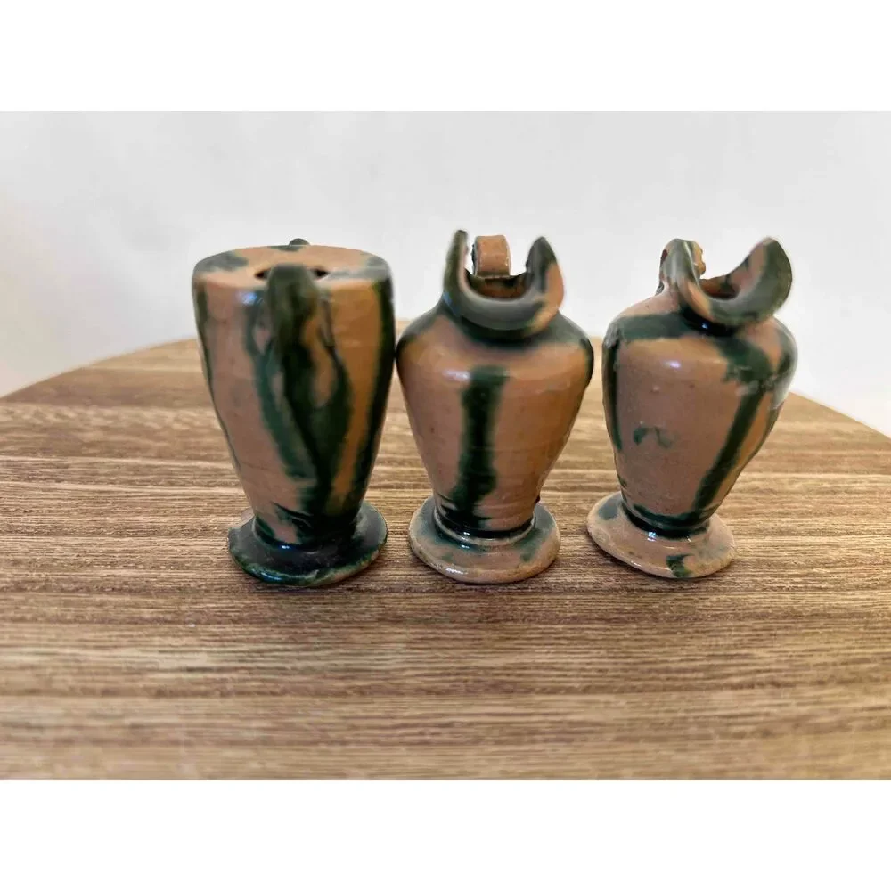 Majolica Pottery Miniature‎ Dollhouse Tea Set 9 Pieces Green Beige Rustic